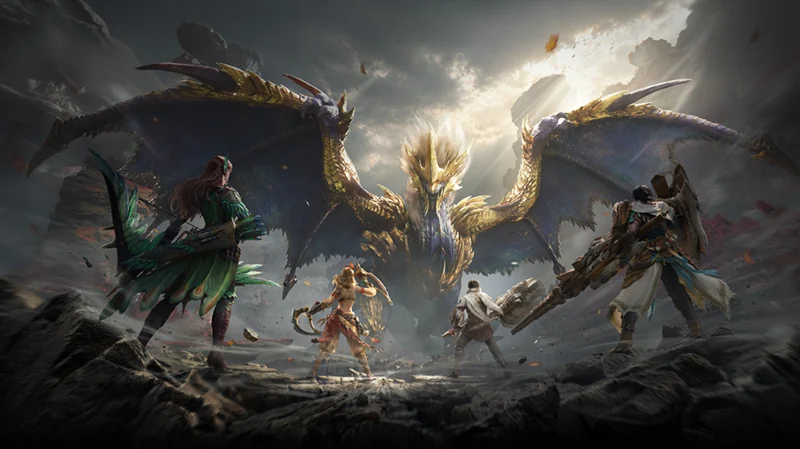 Official Monster Hunter Outlanders key art showing Adventurers facing the golden-winged Ruger Aidal